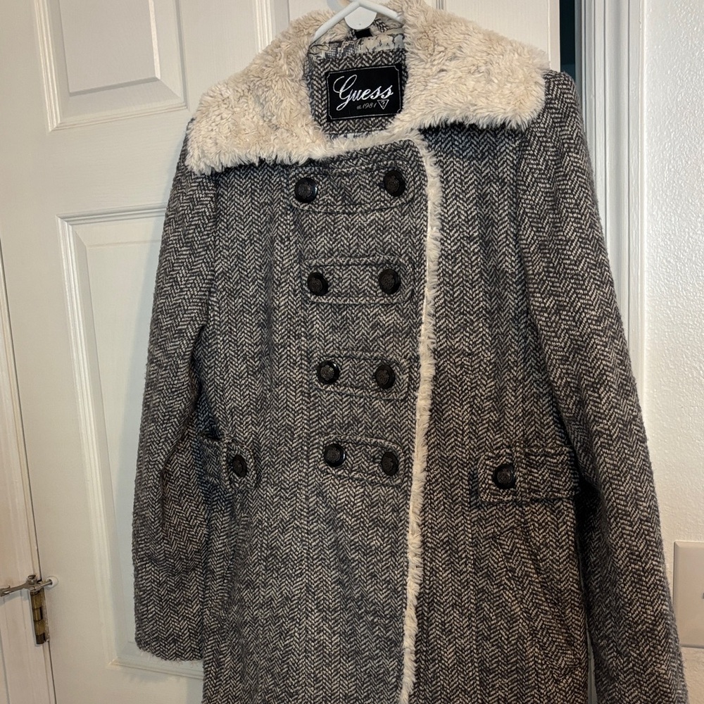 Guess Charcoal Herringbone Coat with Faux Fur Trim